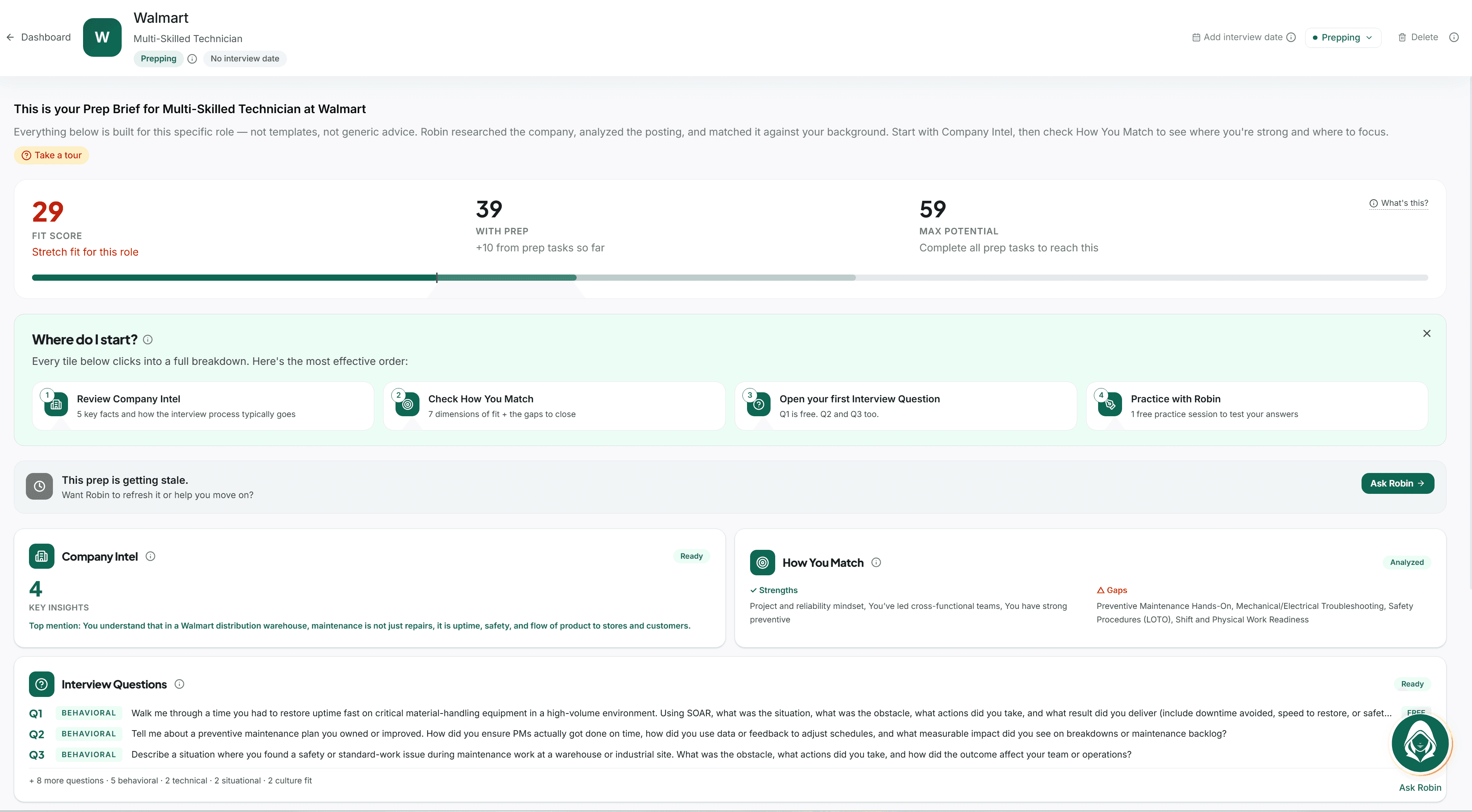 The full prep brief Longbow builds from one job posting — fit score, company intel, how you match, and interview questions